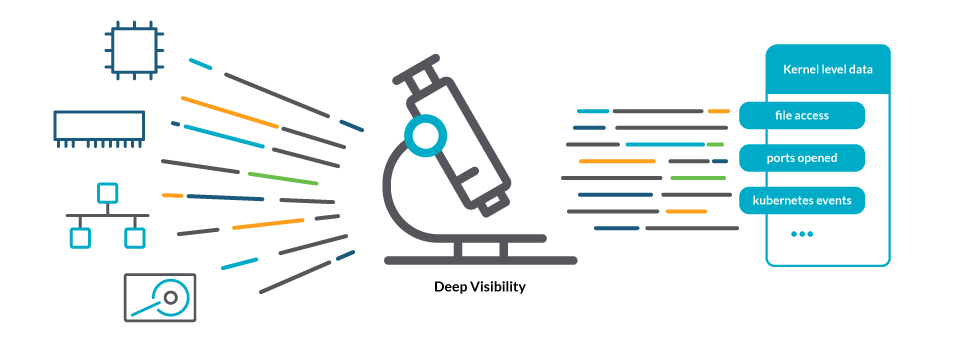 Data sources of deep visibility are traditional metrics from CPU, Memory, Network, disk usage. And also kernel level data like open ports, file access, etc.