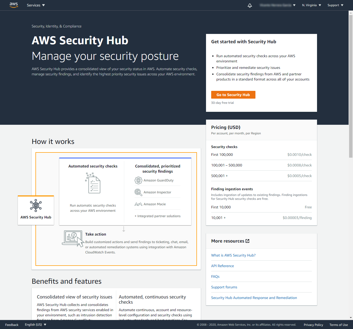 The AWS security hub landing page