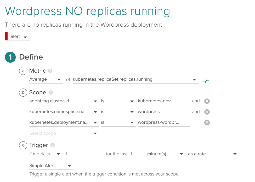 Example Kubernetes Alert: No replicas running for a service