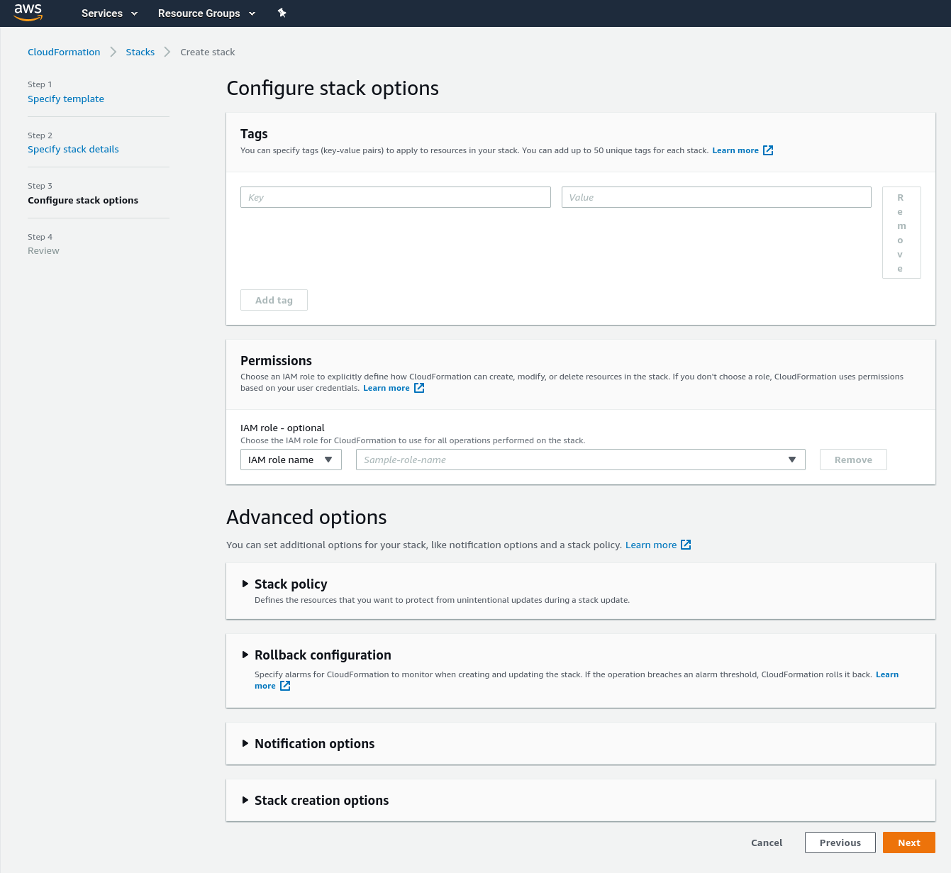 CloudFormation template to set up Fargate image scanning - The configure stack options step